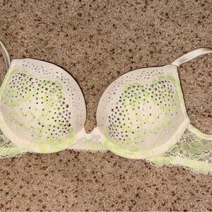 Victoria's Secret White Lace Push-Up Bra with Lime Accents and Rhinestones